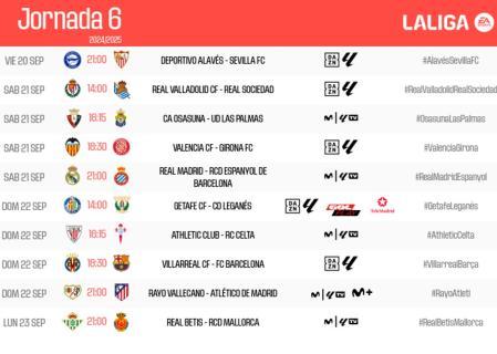 Horarios de la 6ª jornada de LaLiga EA Sports