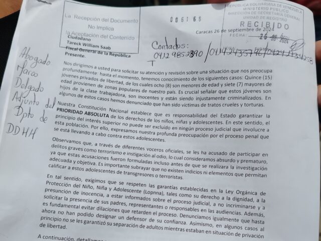 Documento entregado en el Ministerio Público